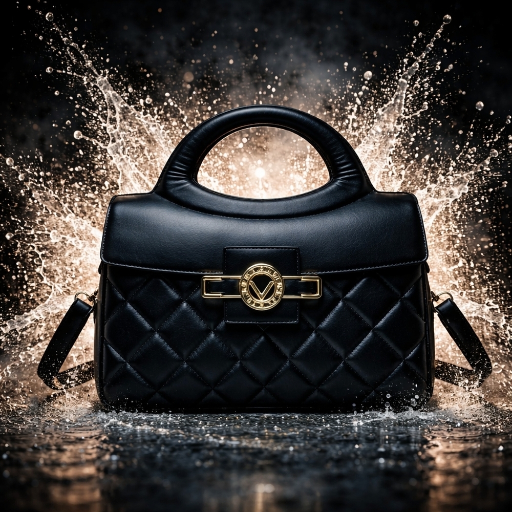 NWT Valentino Orlandi Black Quilted Satchel Top Handle Bag Gold V Logo Clasp